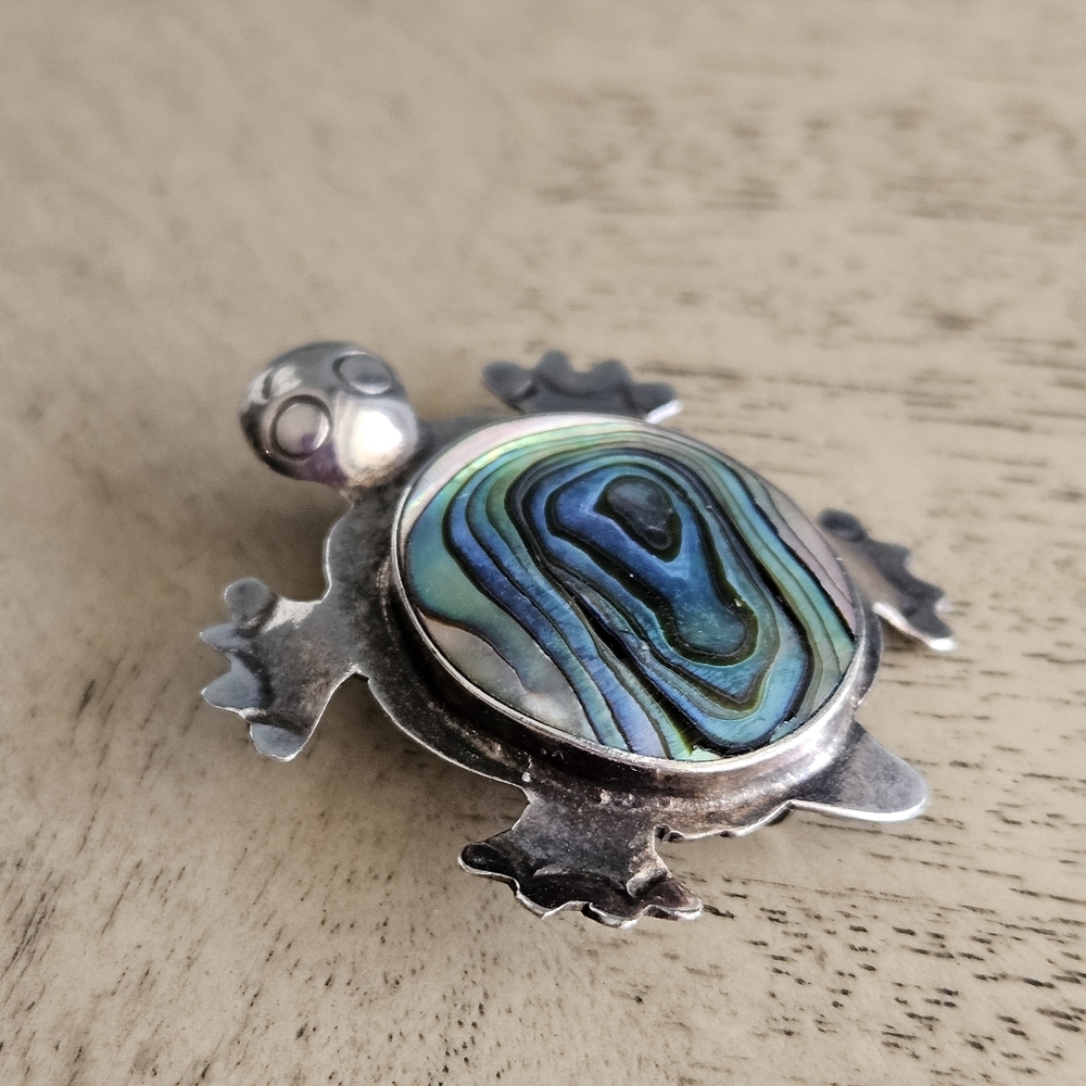Vintage Brooch Small Turtle Abalone Shell Brooch Pin Sterling Silver Mexico
